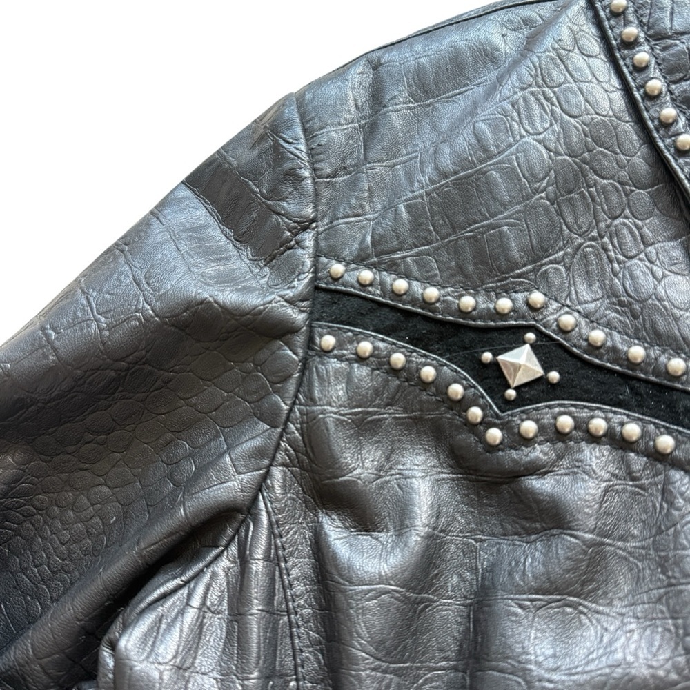 VTG Cripple Creek Studded Leather Jacket XL Western Croc Embossed Biker Rocker - Picture 3 of 16